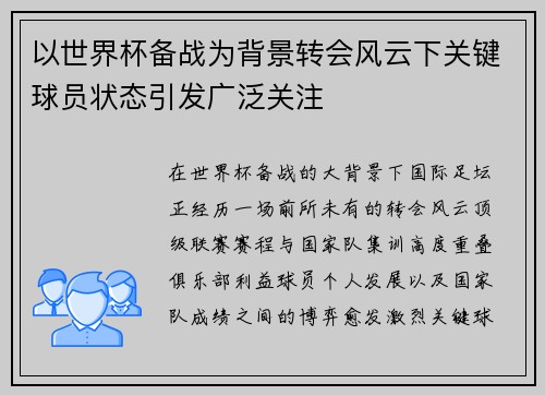 以世界杯备战为背景转会风云下关键球员状态引发广泛关注