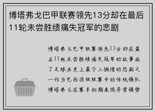博塔弗戈巴甲联赛领先13分却在最后11轮未尝胜绩痛失冠军的悲剧