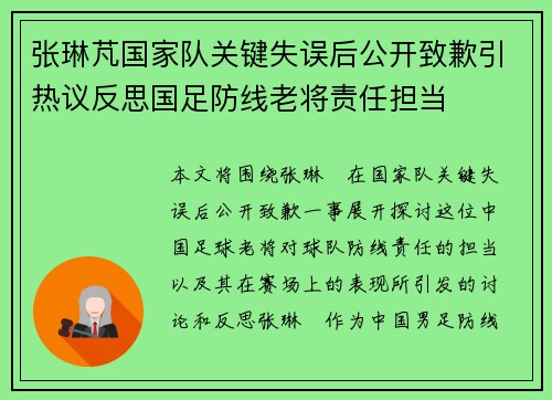 张琳芃国家队关键失误后公开致歉引热议反思国足防线老将责任担当